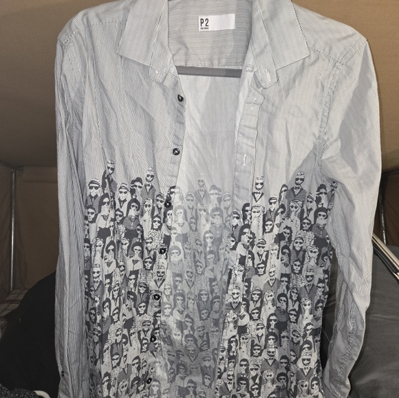 P2 Par Dubuc Men's Striped Graphic Shirt with Faces Design - Size M - Picture 2 of 5